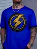 Unisexs Blue Crew Neck Tee Lightning Circle Retro Print Short Sleeve Loose Casual Summer Breathable Street Top For Male Daily Wear