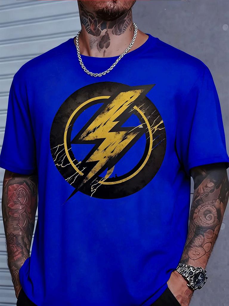 Unisexs Blue Crew Neck Tee Lightning Circle Retro Print Short Sleeve Loose Casual Summer Breathable Street Top For Male Daily Wear