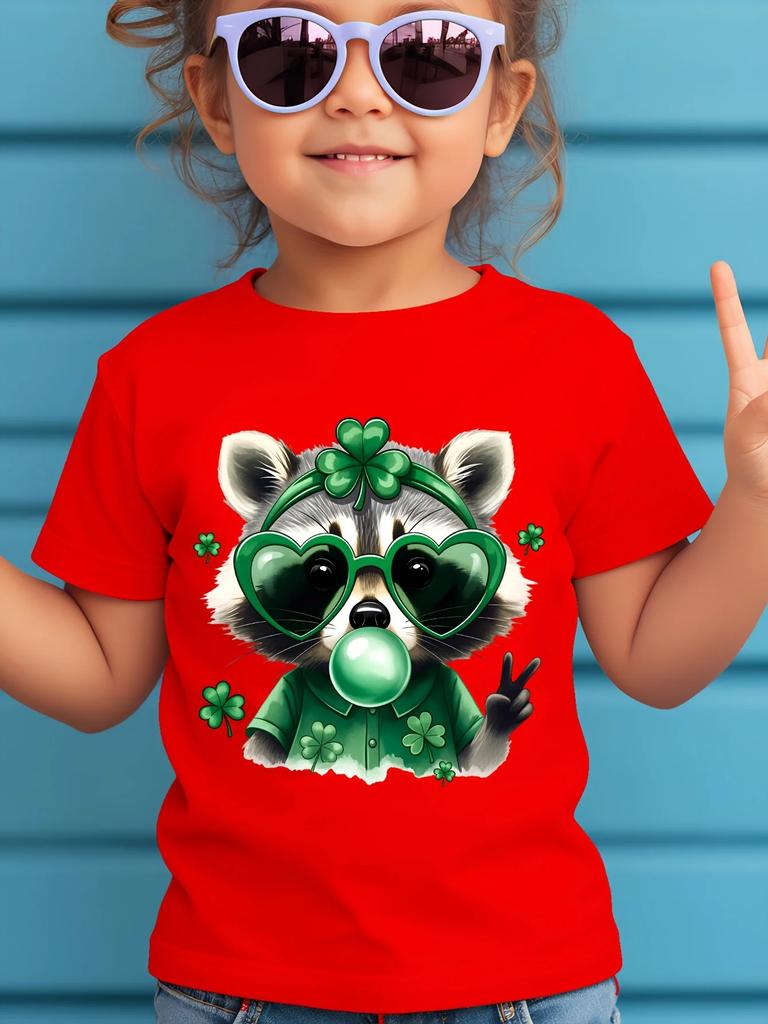 Girls Saint Patricks Day Cartoon Raccoon Four Leaf Clover T Shirt Kids Green Shamrock Short Sleeve Casual Tops