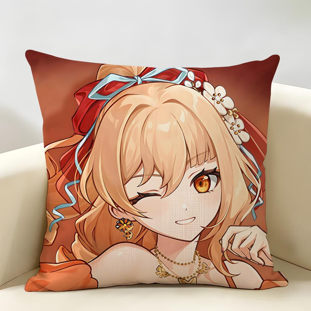 Yoimiya Genshin Impact Cushion Cover Natural Linen Organic Fabric DoubleSided Printing Room Sofa Decor Pillow Case