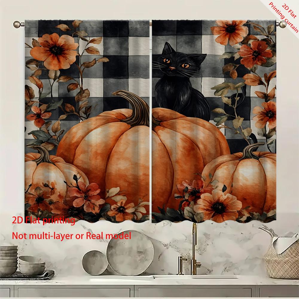 2 Stück schwarz-weiß karierter Hintergrund Halloween Kürbis schwarze Katze digital bedruckte Vorhänge mit Landschaftshintergrund und Stange
