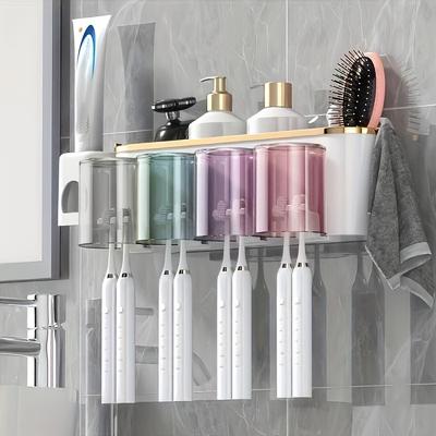 Multifunctional Toothbrush Rack And Mug Holder Wall Mounted Toothpaste Mouthwash Storage With Toothpaste Squeezer