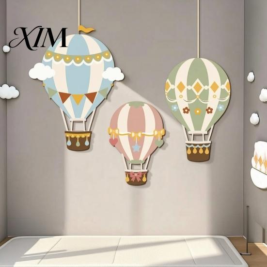 Creative Wall Ornament for Children 3Pcs Cute Hot Air Balloon Wooden Decor, Cloud Banner Nursery 3D Art Kids Room Hanging, Playroom Background Bedroom