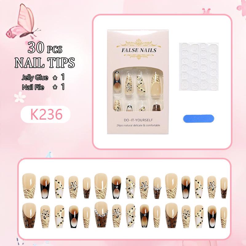 3D Leopard Print Long Wearable Nails with Diamond-Studded Floral Design
