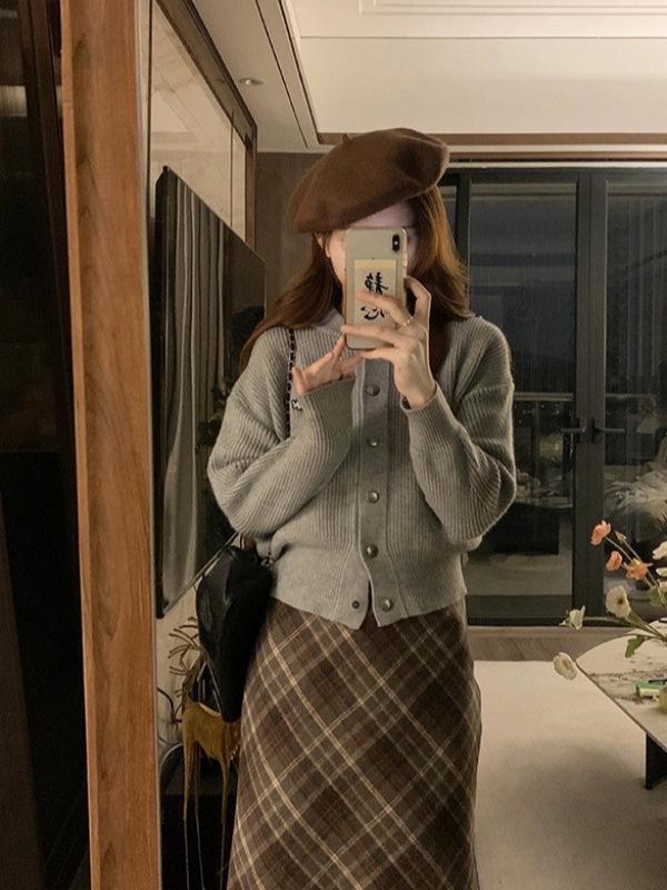 Plus Size Women's Brown Retro Plaid Woolen A-line Skirt for Autumn/Winter