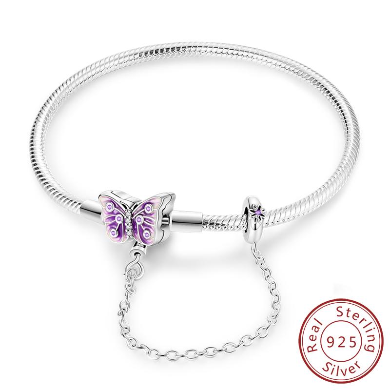 Original 925 Silver Bracelets 17-20CM Love Heart Flowers Butterfly Charms Beads Bracelet For Women Fashion Jewelry Gift
