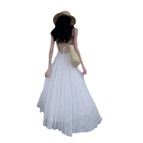 Summer Blue Pure Desire Wind Beach Vacation Backless Waist Thin Big Skirt Suspender Long Skirt