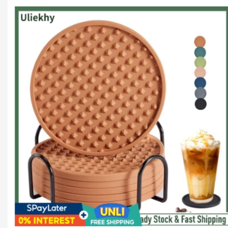 

Uliekhy 6 Pieces Silicone Drink Coasters With Metal Holder Cup Coaster For Drinks Absorbent Coaster Protect Furniture From Damag 1
