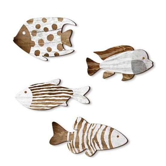 4Pcs Vintage Beach Wall Decor Nautical Coastal Wooden Fish Wall Art Ocean Style Fish Sculpture Lake House Hanging Decoration for Bathroom Bedroom