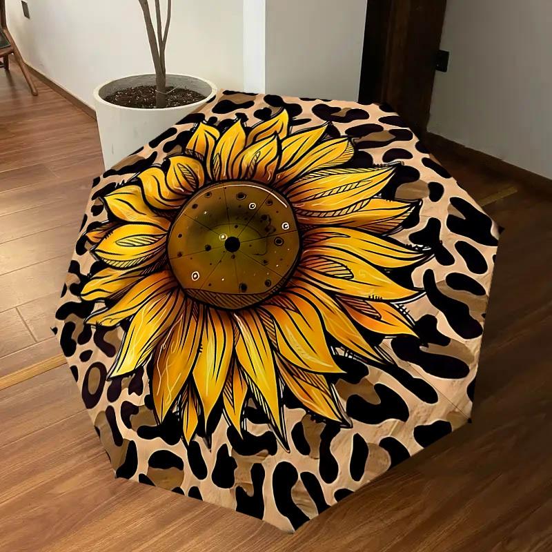 1P Leopard-print sunflower Umbrella-8-Rib Reinforced, Automatic Open, Lightweight & Durable, Cute Fashion Accessory for Outdoor-Q203