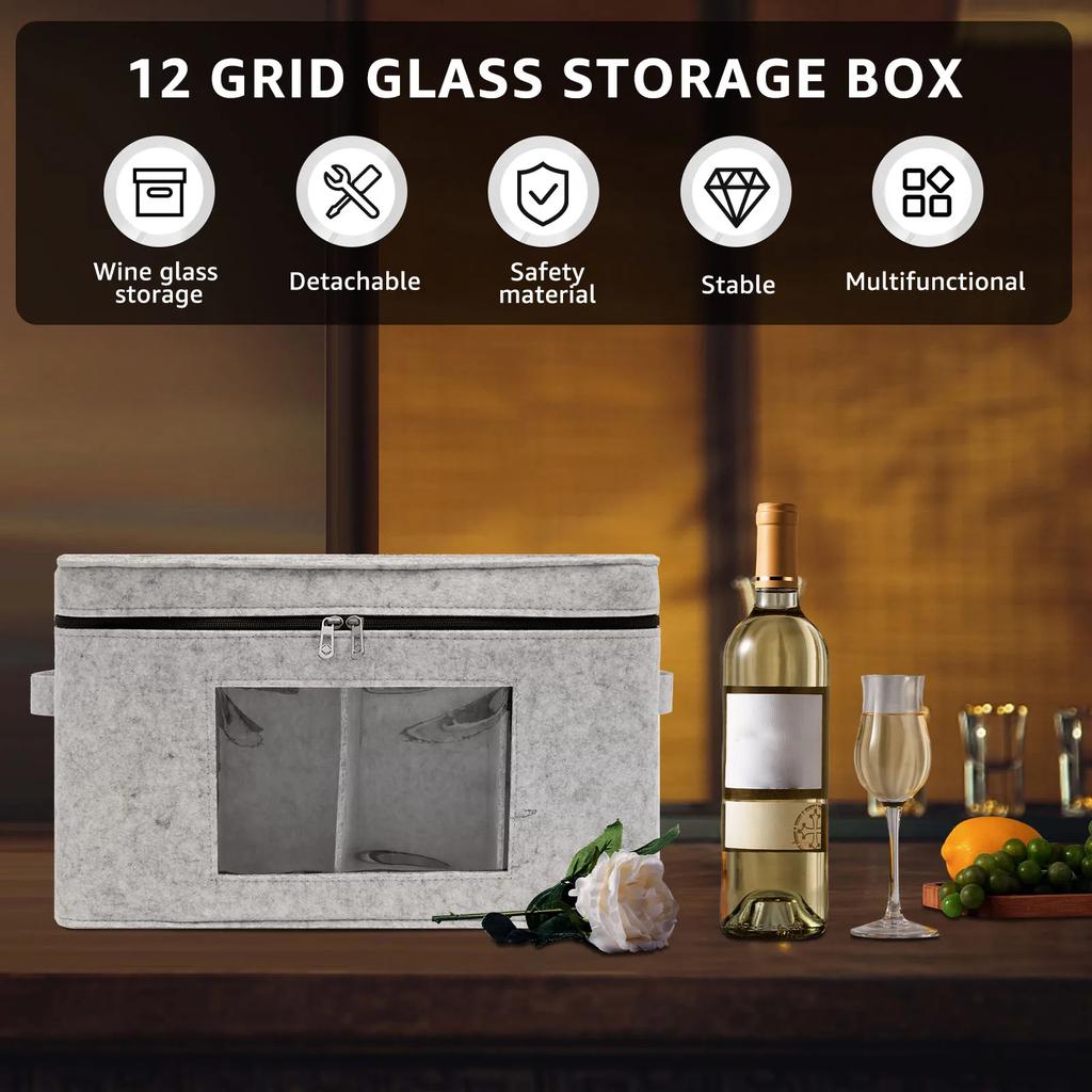 Wine Glass Storage Organizer Stackable Felt Stemware Container with 12 Removable Divider Foldable For Travel Wine Bottle Bag