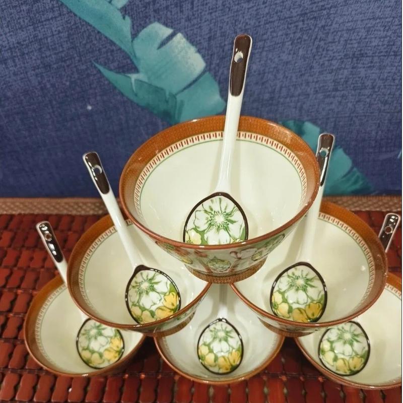 5 Inch Underglaze Ceramic Rice Bowl with Spoon Traditional Dessert Bowl