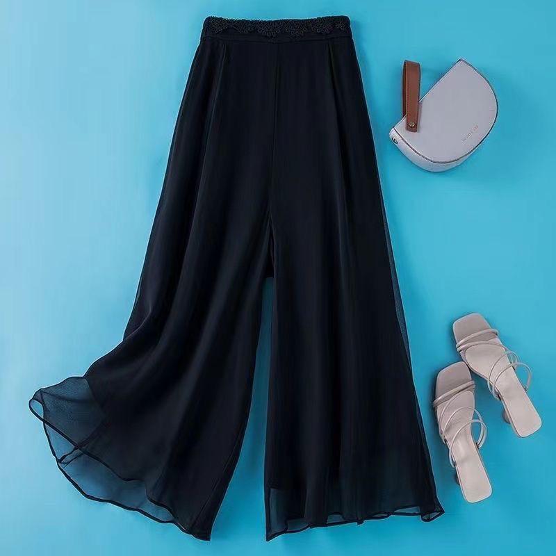 Pantaloni estivi a vita alta in chiffon a gamba larga da donna - Doppio strato drappeggiato danza vestibilità ampia lunghezza 9/10 pantaculotte gonna pantaloni
