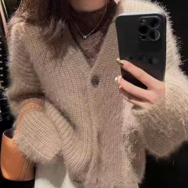 Autumn Winter Lazy Style Thickened Long-sleeve Knitted Cardigan for Women Elegant Slim Casual V-neck Outerwear Sweater