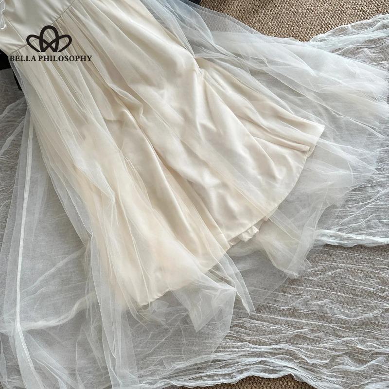 Süßes Maxikleid mit Spaghettiträgern und Schleife im französischen Stil aus Tüll für den Sommerurlaub – schickes ärmelloses Kleid für Damen