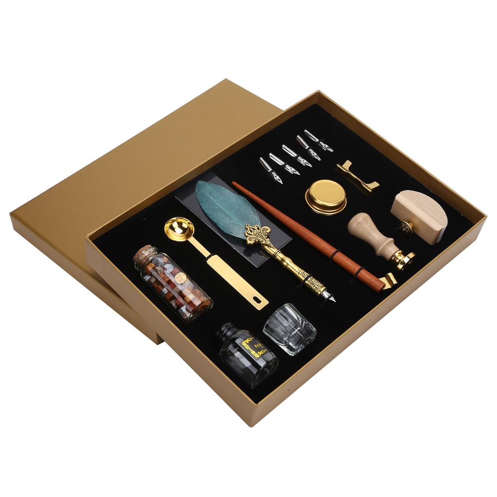 Feather Pen Wax Set Quill Dip Writing Ink Stamp Kit Vintage Student Stationery Gift BoxSP225038