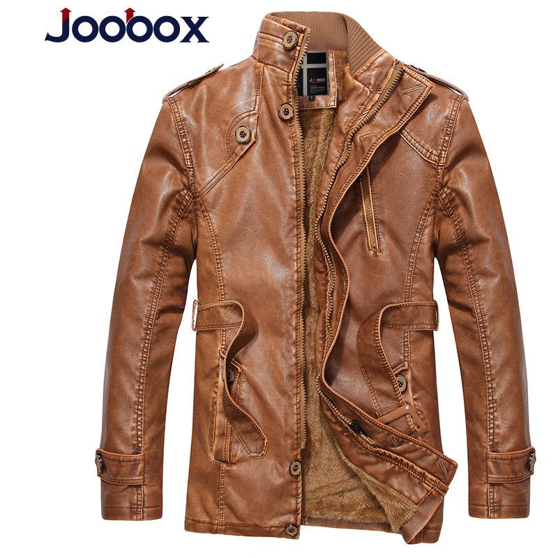 JOOBOX Men's Men's Leather Jacket Slim Stand Collar Mid-Length Washed Motorcycle Leather and Velvet Windbreaker