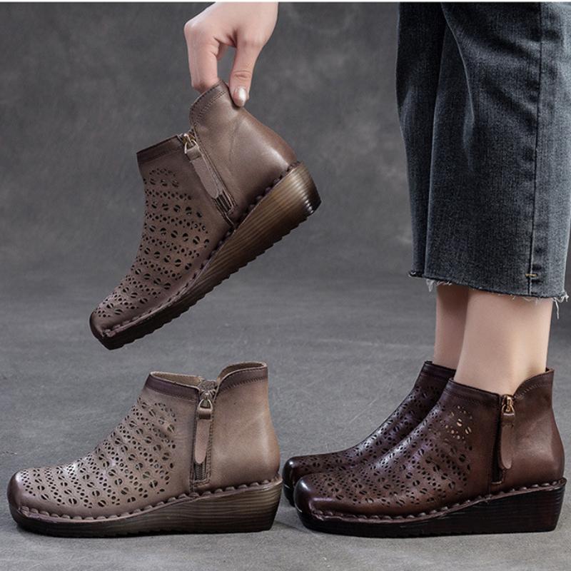 Johnature Genuine Leather Breathable Hollow Out Boots Retro Versatile Comfortable Women's Wedges Shoes