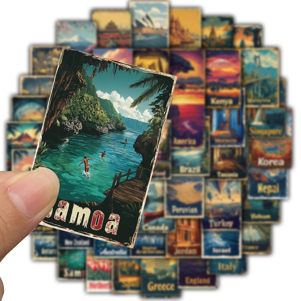 50/100PCS Retro Travel Posters From The 1950s Stickers Nostalgia Laptop Landscape Bicycle Cafe Living Scrapbook Luggage Sticker
