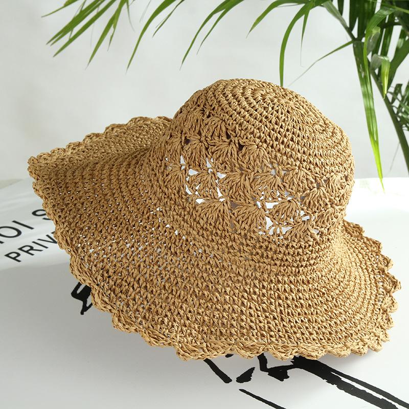 Women's Summer Korean Style Hand Crocheted Straw Hat Fashionable Simple Woven Hollow Out Wide Brim Hat Casual Vacation Beach Hat