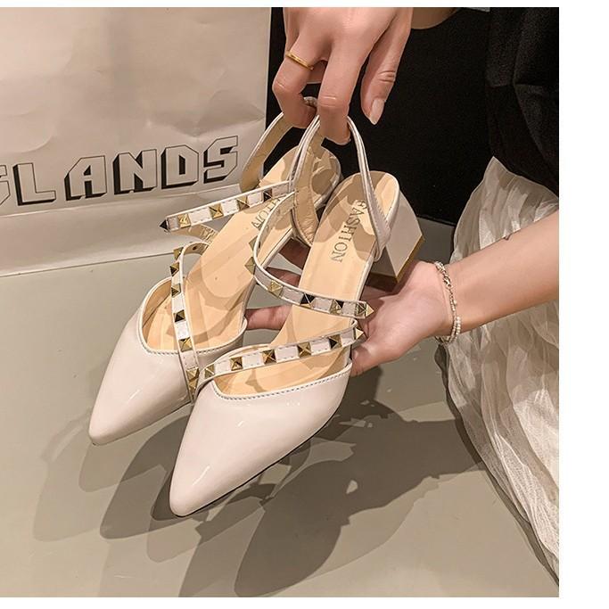 Rivet bag head sandals women's thick heel spring and summer new willow nail fashion patent leather pointed beige wedge heel cool