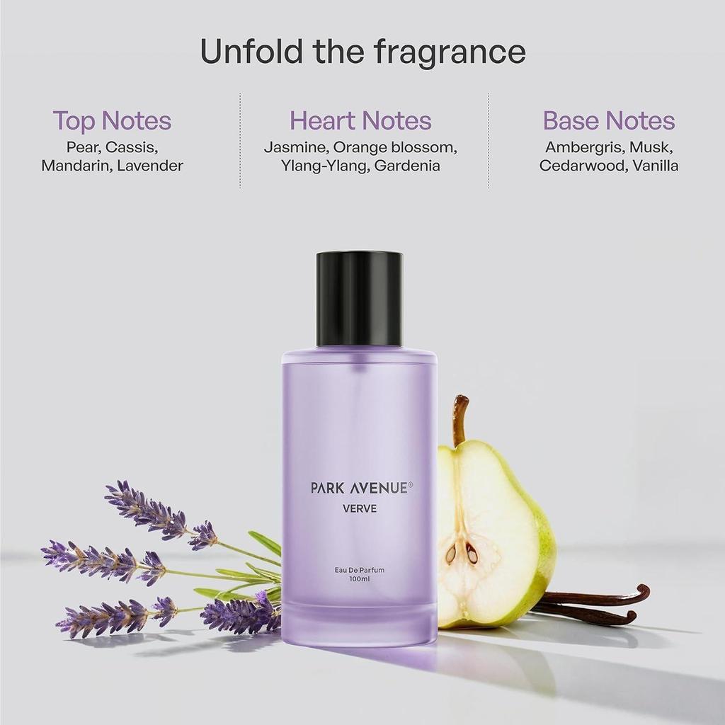 Park Avenue Verve EDP Women| Long Lasting Perfume for Woman | Pear, Lavender, Jasmine, Musk & Vanilla| Warm, Sweet, and Musky Fragrance
