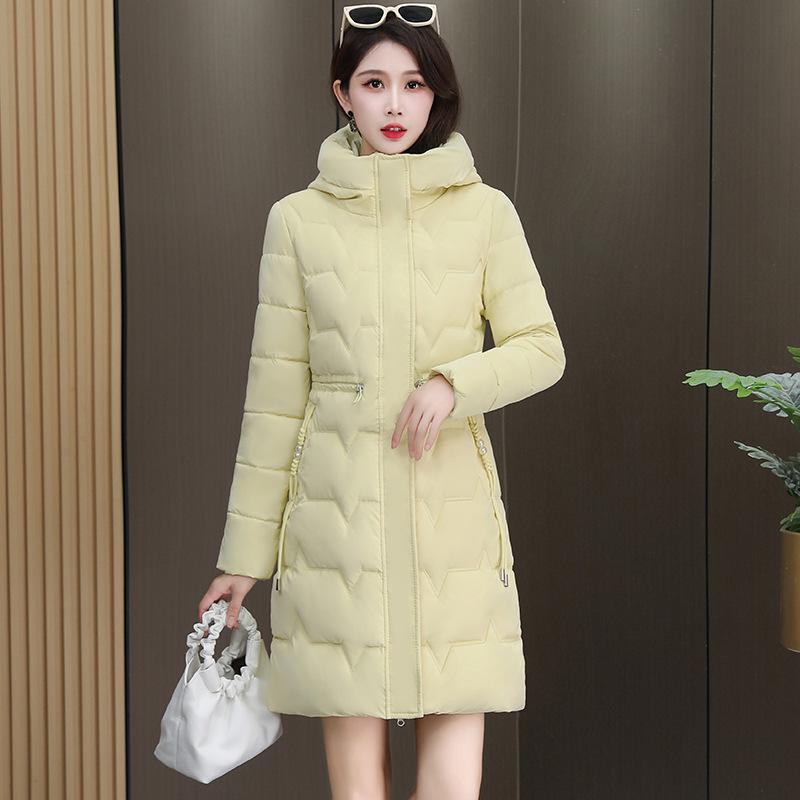 

Глянцевая теплая хлопковая куртка женская зимняя куртка 2025 новая модная стеганая куртка средней длины стиль с утолщенной талией для похудения XXL жёлтый