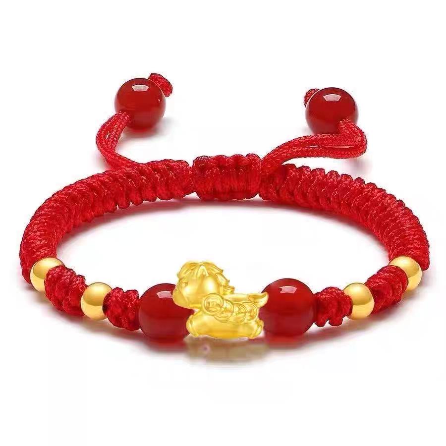 Handmade Red String Bracelet with Gold Ingot and Beads for Zodiac Year of the Horse - Immediate Wealth Lucky Charm