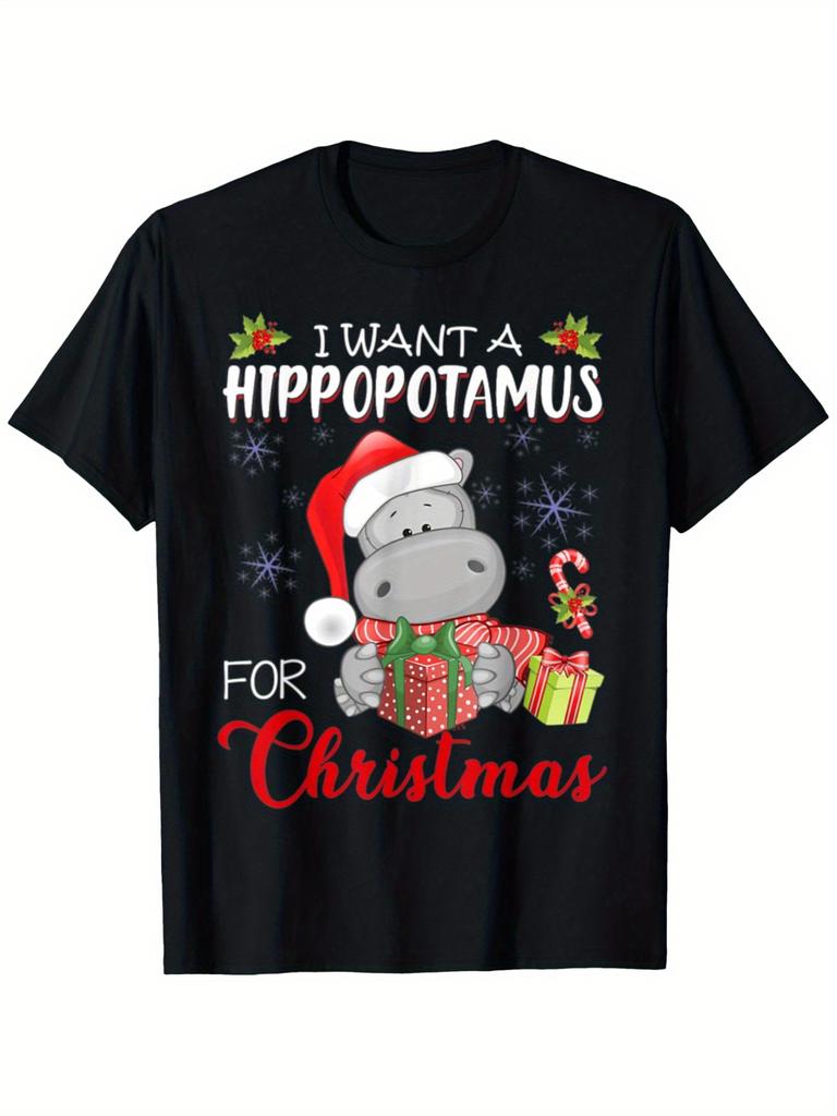 Unisex T-shirt Funny Ugly Christmas Hippopotamus T-Shirt - I Want a Hippopotamus for Christmas Novelty Graphic Tee,