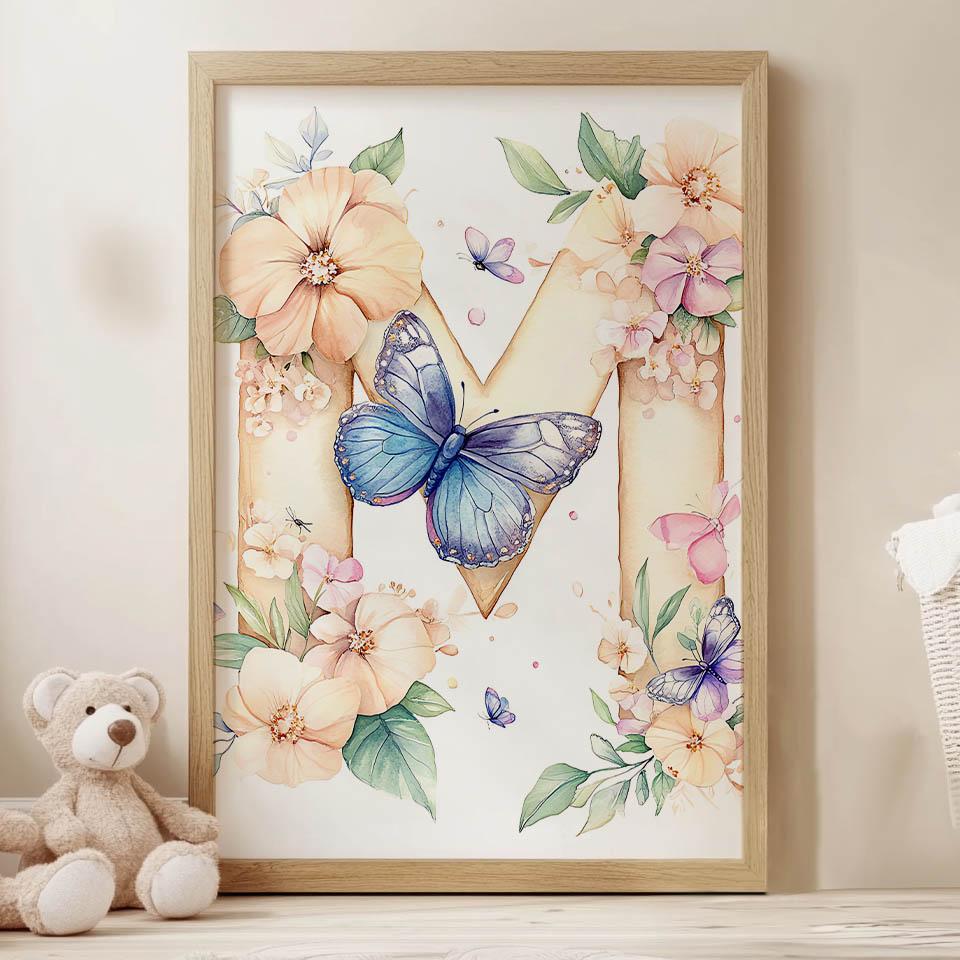 Plakat Litera M Z Kwiatami I Motylem Plakat Litera M Z Kwiatami I Motylem, 30X40 Cm, Bez Ramy, Papier Matowy 230 Gsm