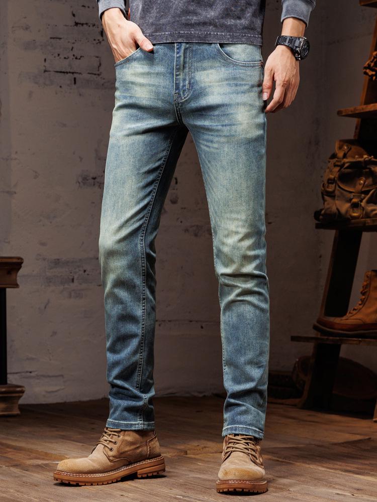 Brand Men's Korean Style Skinny Mid-Waist Jeans - Versatile Fashionable Long Pants for All Seasons