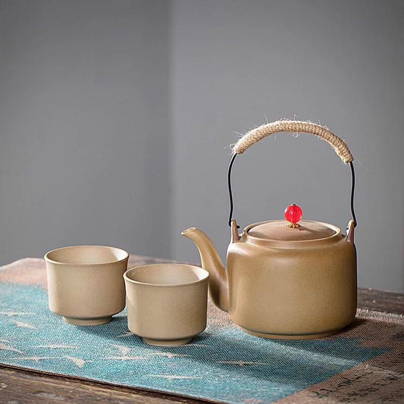 Shangqi Retro Ceramic Charcoal Tea Set with Beam Pot & Cups