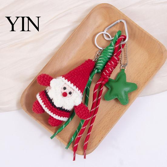 Knitted Holiday Embellishments Christmas Santa Claus Bag Charm, Crochet Keychain Pendant with Key Accessories Faux Leather Star, Xmas Hanging
