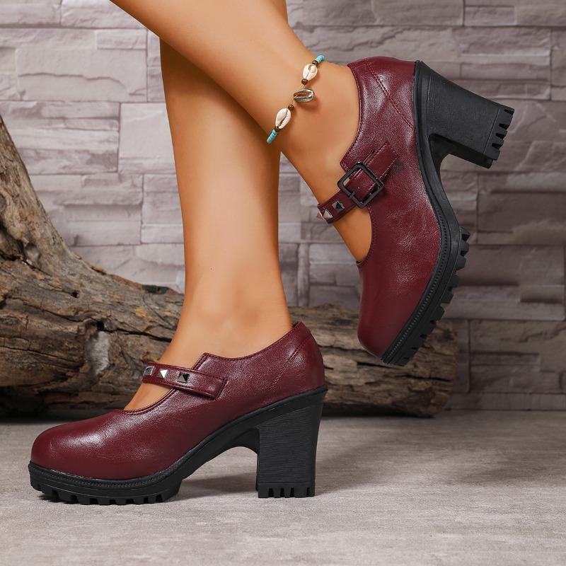 Fashion Temperament High-heeled Single Shoes Autumn New Round Toe Shallow Rivet One-line with Platform Non-slip Block Heel Shoes
