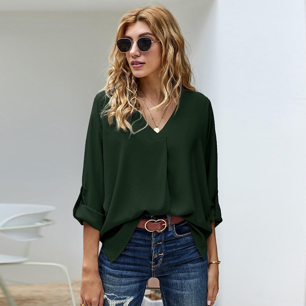 Plus Size Women's Loose Irregular V-Neck Long-Sleeve Top