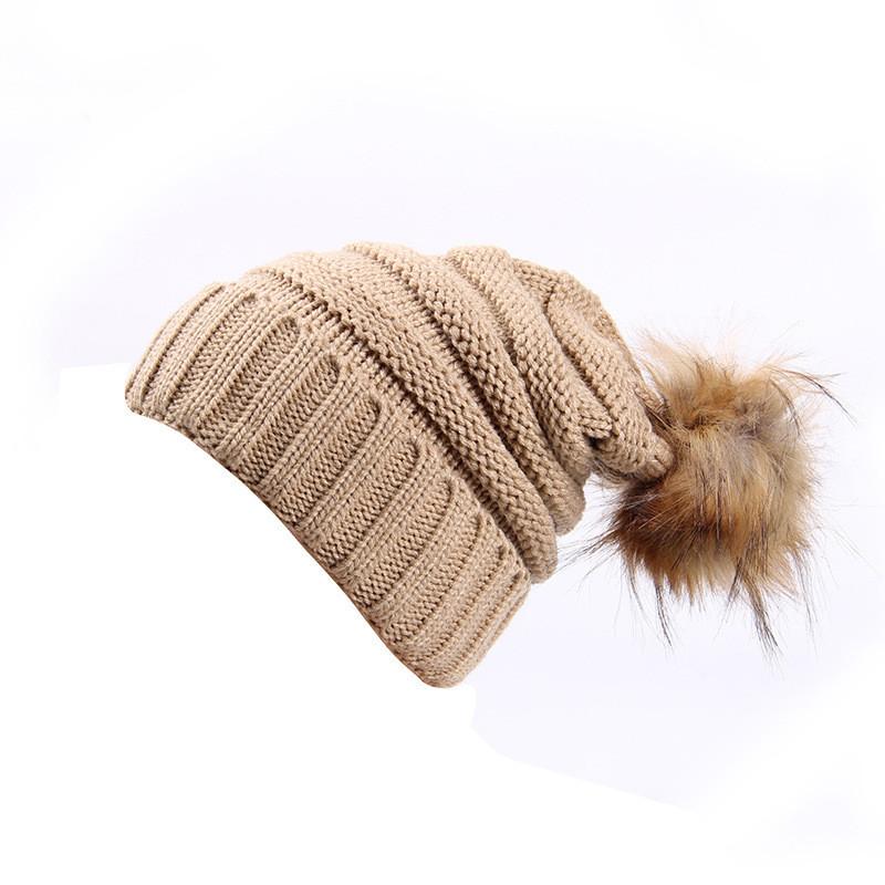 

Winter Hairball Women Hat Outdoor Knitted Hats Fashion Solid Color Simple Casual Camel