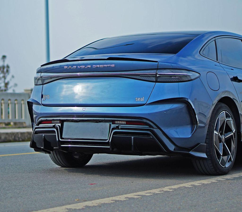Compatible with BYD Seal EV DC: Rear & Front Bumpers, Front Lip Spoiler, Side Skirts, Rear Spoiler, Black Bright Strips.