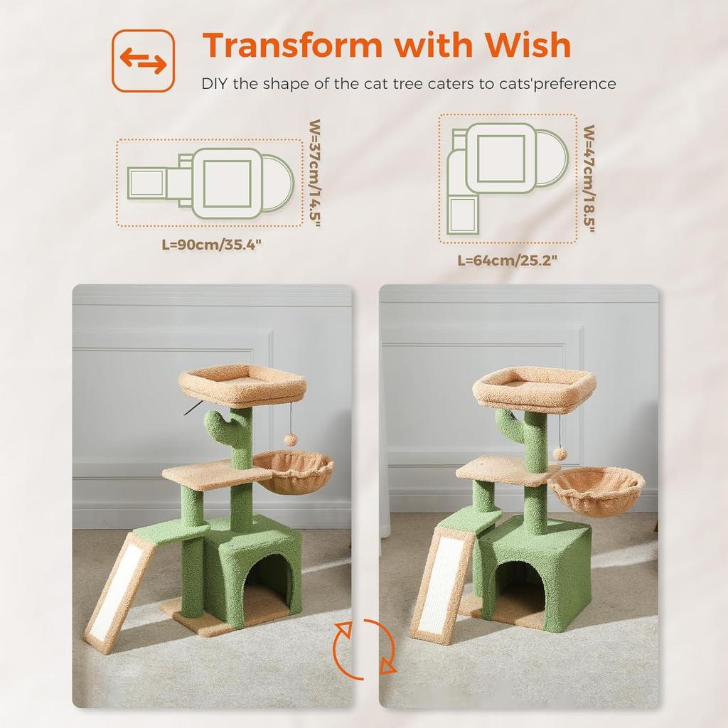 Cactus Cat Tree for Indoor Cats, Sisal Scratching Ramp, Cozy Hammock and Removable Top Bed Perch for Kittens, Green