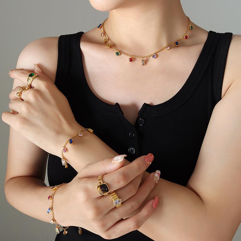 Luxury Multi-color Zircon Jewelry Set: Tassel Necklace with Niche Design Titanium Steel Bracelet