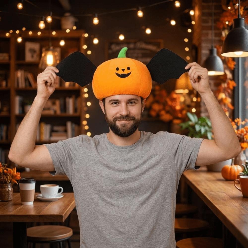 Lightweight Novelty Bat Pumpkin Hat Funny Breathable Halloween Cosplay Headgear Soft Comfortable Plush Headwear Cosplay Costume