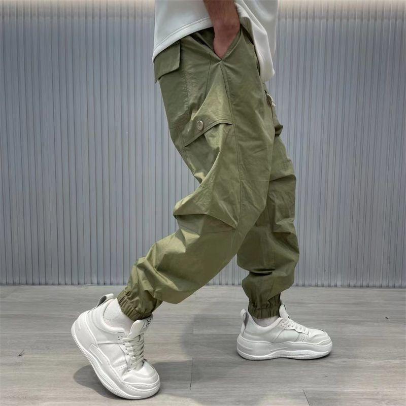 Pantaloni Cargo Larghi con Coulisse Uomo Trend Vintage Streetwear Estivi Casual Tinta Unita Tasche Larghi Harem