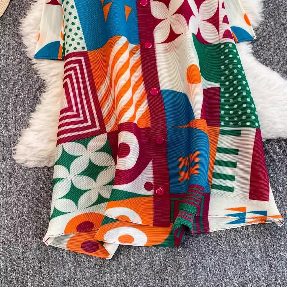 Autumn Spring Fashion Print Colorblock Oversized Loose Shirt Dresses Women's Single Breasted Draped Pleated Party Miyake Clothing