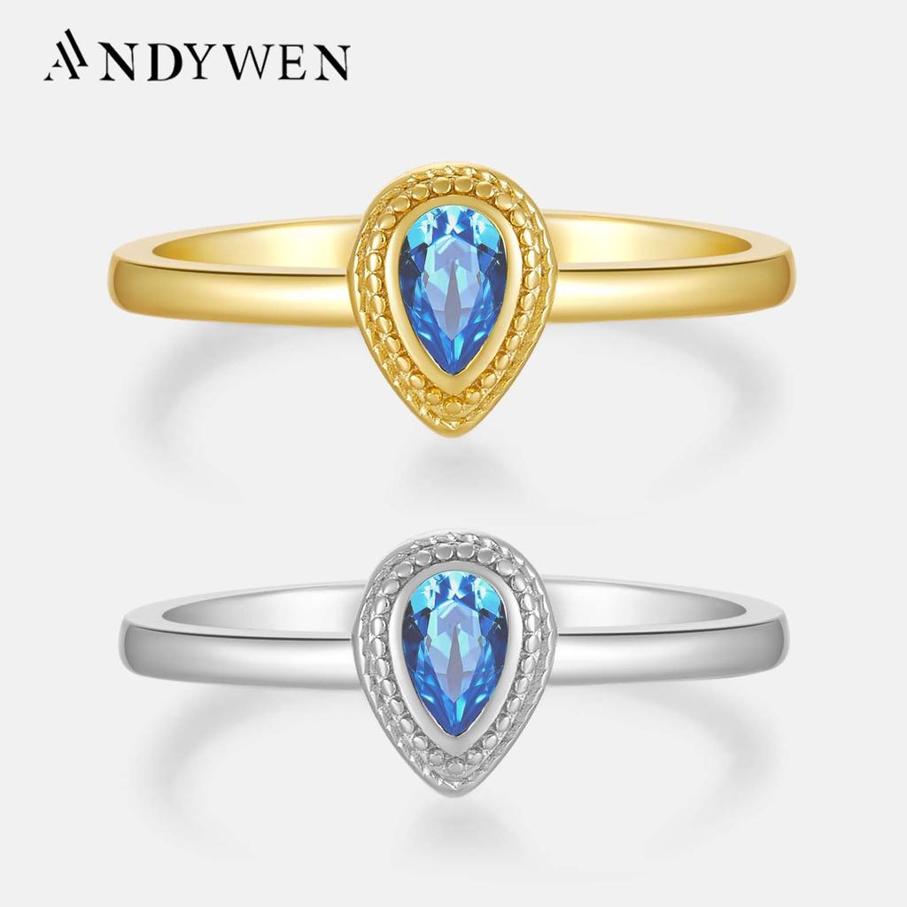 ANDYWEN 925 Sterlingové Stříbro Zlaté Ovály Nastavitelné Luxusní Prsteny Kulaté Luxusní Zirkonové Šperky Dárek
