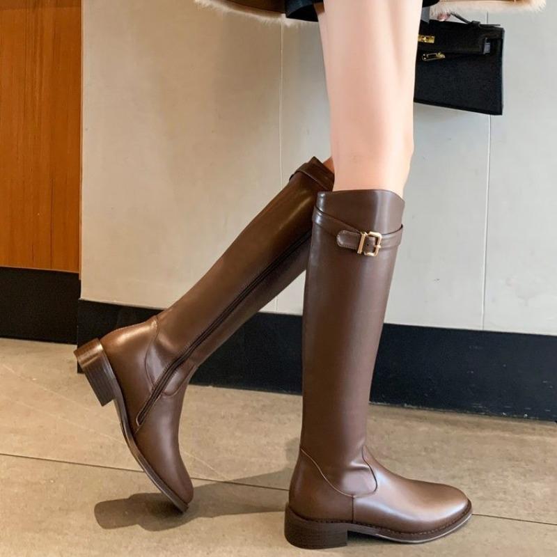 New Women's Black Elegant with Low Heels Shoes Long Brown Boots Winter Knee High Shaft Stylish Lastest Price Goth