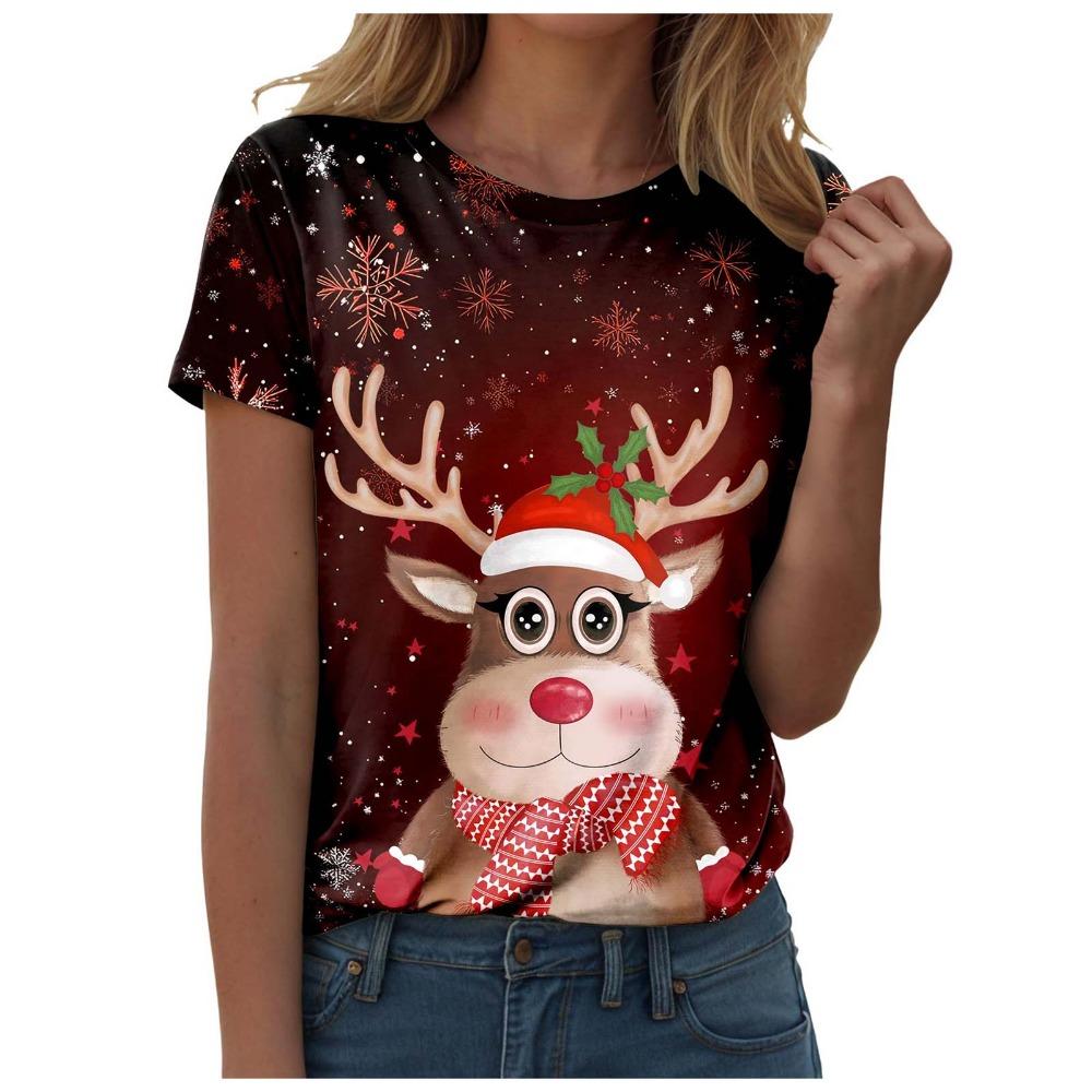 Women's Christmas Printed Casual Round Neck Short Sleeved T-shirt