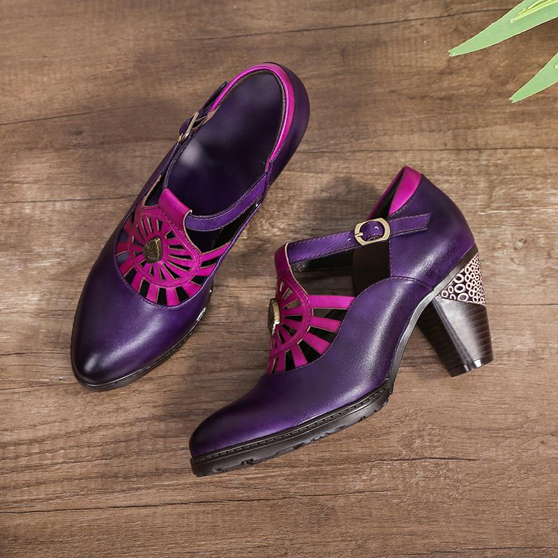 Johnature Genuine Leather Hollow Out Thick Heel Pointed High Heels Retro Pumps Hand Painted Shallow Women's Shoes