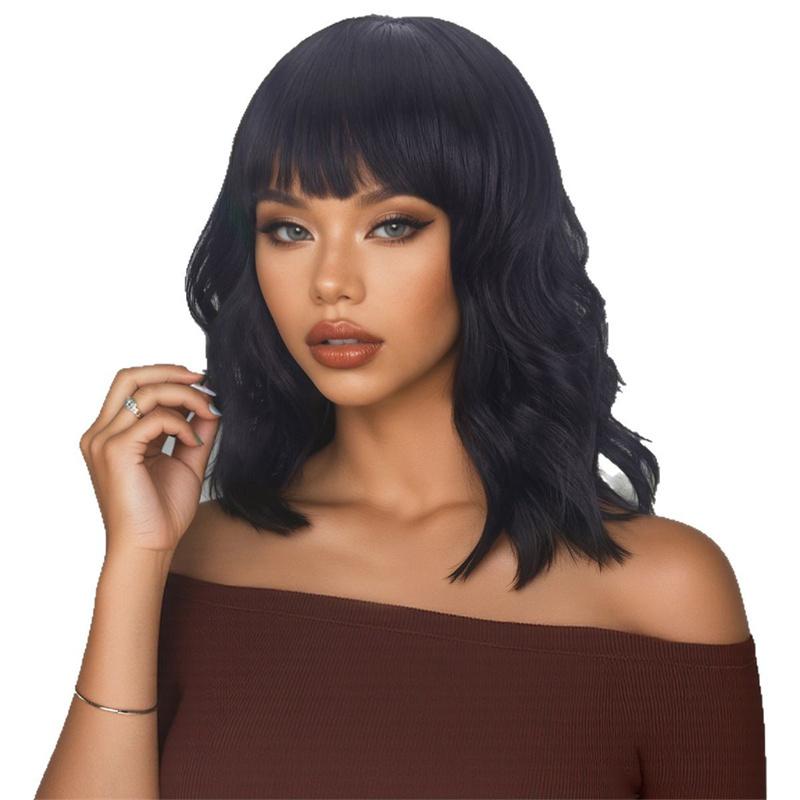 Synthetic Short Hair Curly Wig with Bangs Natural Fluffy Water Wave Wig for Women Cosplay Halloween Daily Party