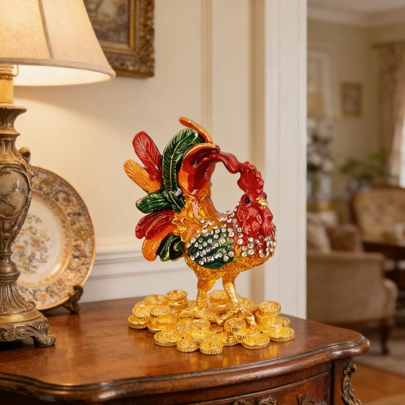 Hand Painted Enamel Rooster Jewelry Box For Rings Earrings And Small Accessories Decorative Ornament Gift