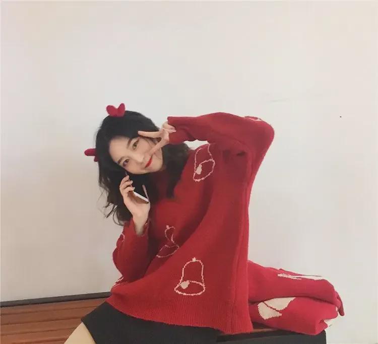 Women's Red Christmas Jacquard Pullover Sweater – Autumn New Style, Round Neck, Long Sleeve, Elegant Knit Design