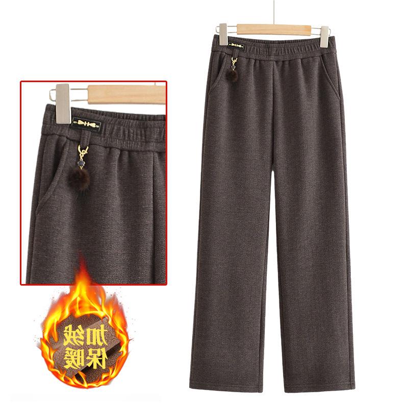 2025 Autumn/Winter Plus Velvet Thickened Elastic Waist Straight-Leg Casual Pants for Middle-Aged and Elderly Women